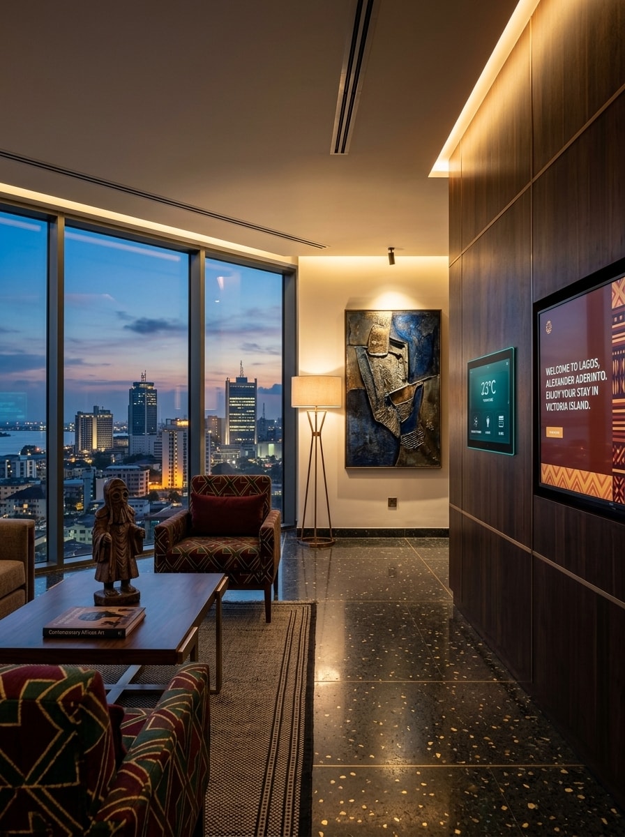 Hotel lounge with smart guest controls and interactive IPTV